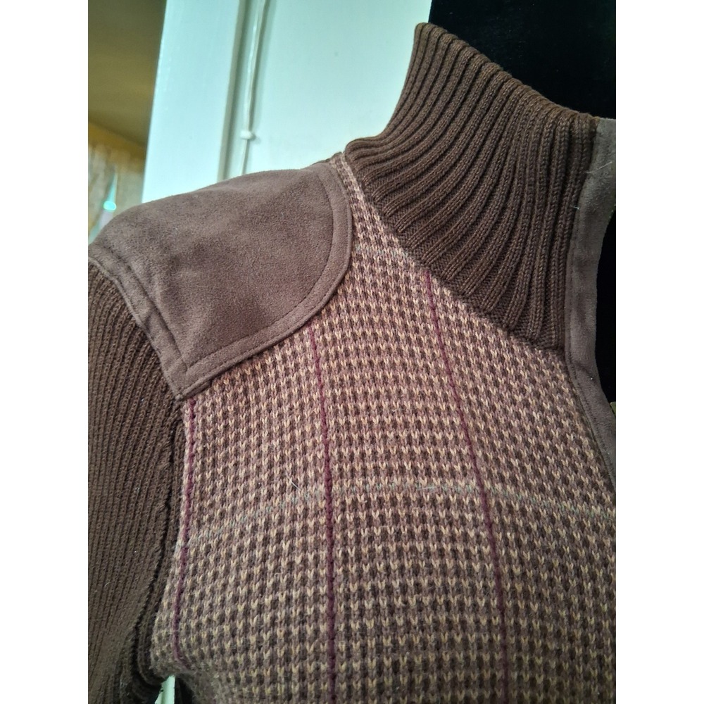Ralph Lauren LRL Brown Plaid Full Zip Cardigan Suede Patch Sweater Womens Small - Picture 7 of 11